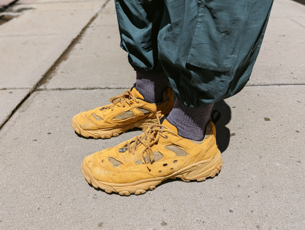 Street style close-up: yellow suede unisex chunky trail sneakers with gray socks and green joggers on city sidewalk.