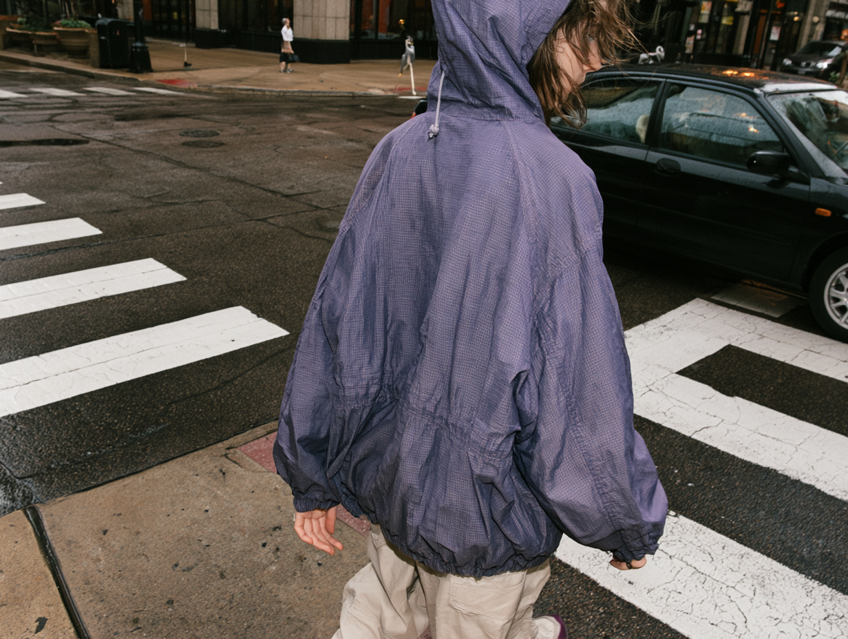 Person in purple hooded rain jacket crossing wet city crosswalk beside car on a rainy, windy day.