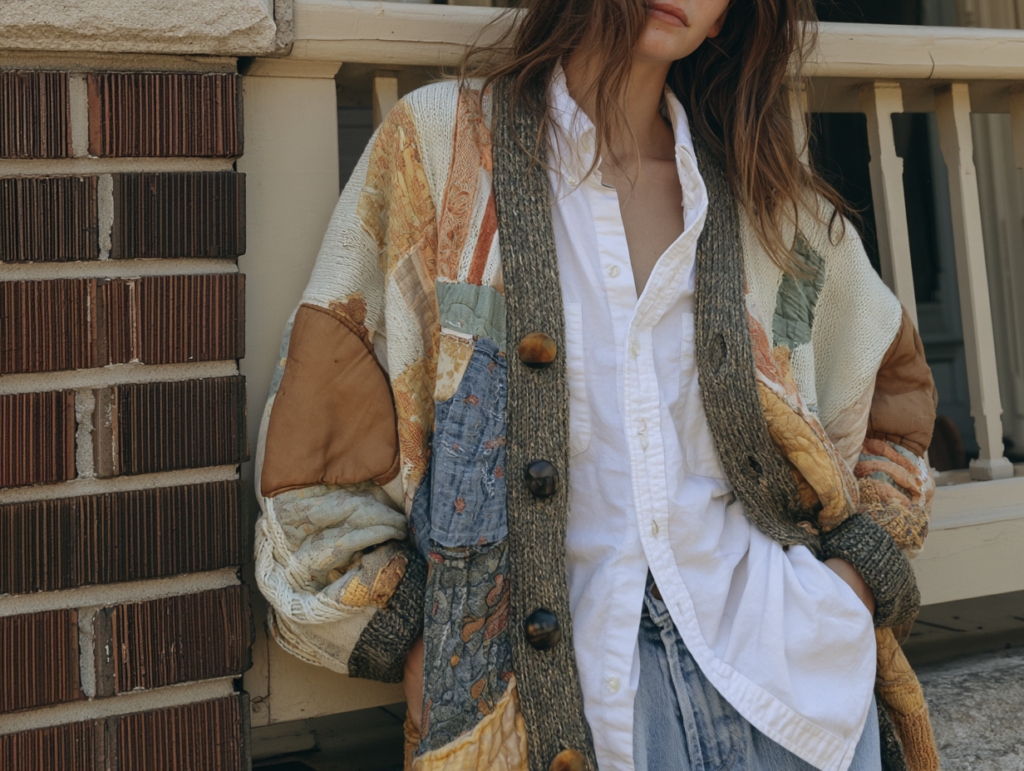 Boho fall outfit: woman in oversized patchwork cardigan over white button-down and denim jeans on a porch