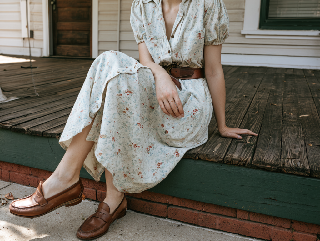Person in vintage floral midi dress and brown leather loafers sitting on rustic wooden porch steps