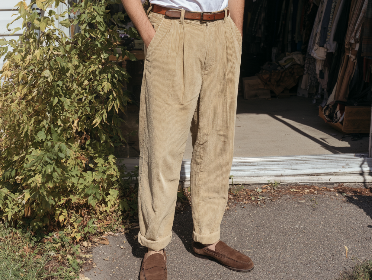 Men's beige corduroy pleated trousers, cuffed, with brown loafers, casual fall outfit outside vintage shop