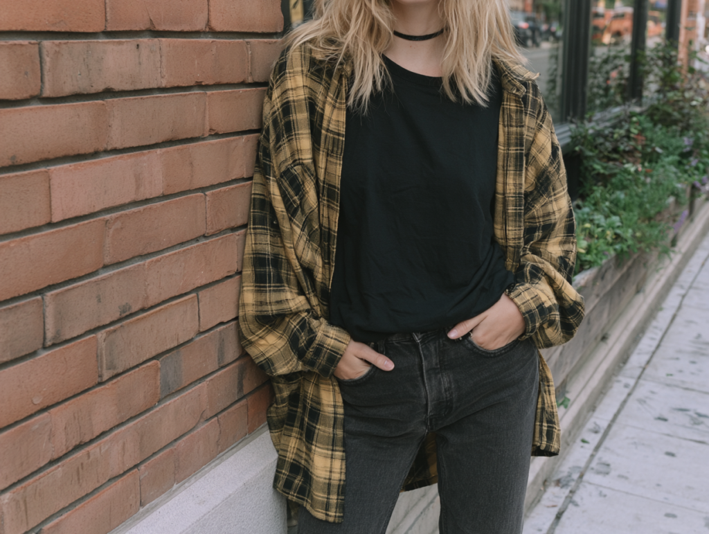 Street style outfit: person in yellow plaid flannel over black T-shirt and jeans, leaning on a brick wall on urban sidewalk.