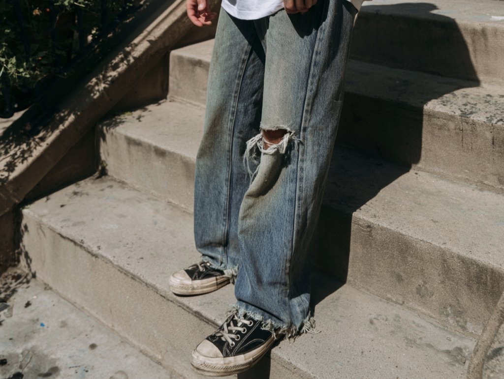 Close-up of distressed wide-leg jeans with ripped knees and black canvas sneakers on concrete steps, urban streetwear.