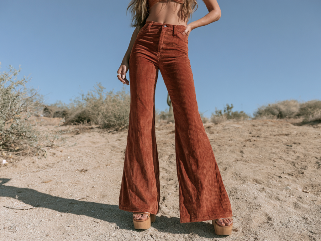 70s-inspired high-waisted rust corduroy bell-bottom pants with platform sandals in a desert setting