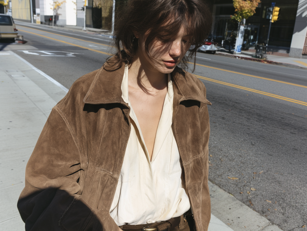 Street style: woman in oversized brown suede jacket and cream blouse walking on urban sidewalk, fall fashion.