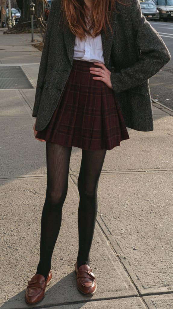 Preppy fall street style: tweed blazer, white shirt, burgundy plaid mini skirt, black tights and brown loafers on sidewalk.