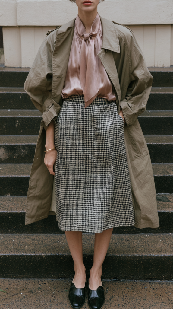 Street style: olive trench, blush satin pussy-bow blouse, houndstooth midi skirt, black loafers on city steps.