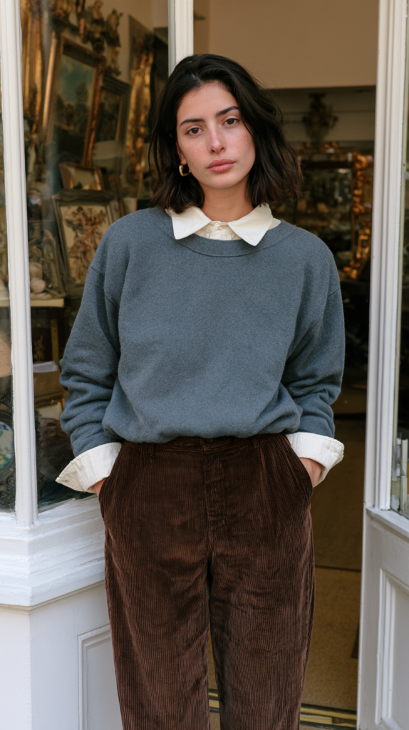 Woman in gray sweater and brown corduroy pants at vintage boutique doorway, fall street style outfit.