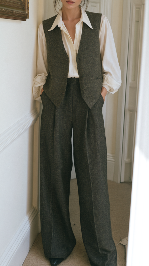Women’s white blouse with herringbone tweed vest and wide-leg trousers — chic menswear-inspired fall outfit.