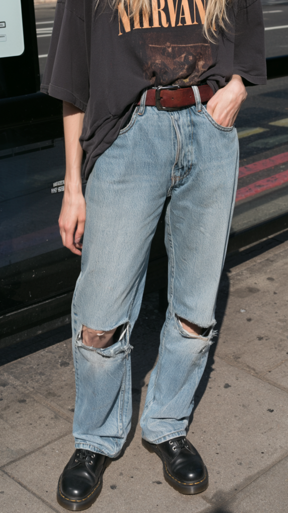 how-to-thrift-grunge-like-1994-band-tee Street style: oversized Nirvana tee, light-wash ripped jeans with knee holes, brown belt, black combat boots on sidewalk.