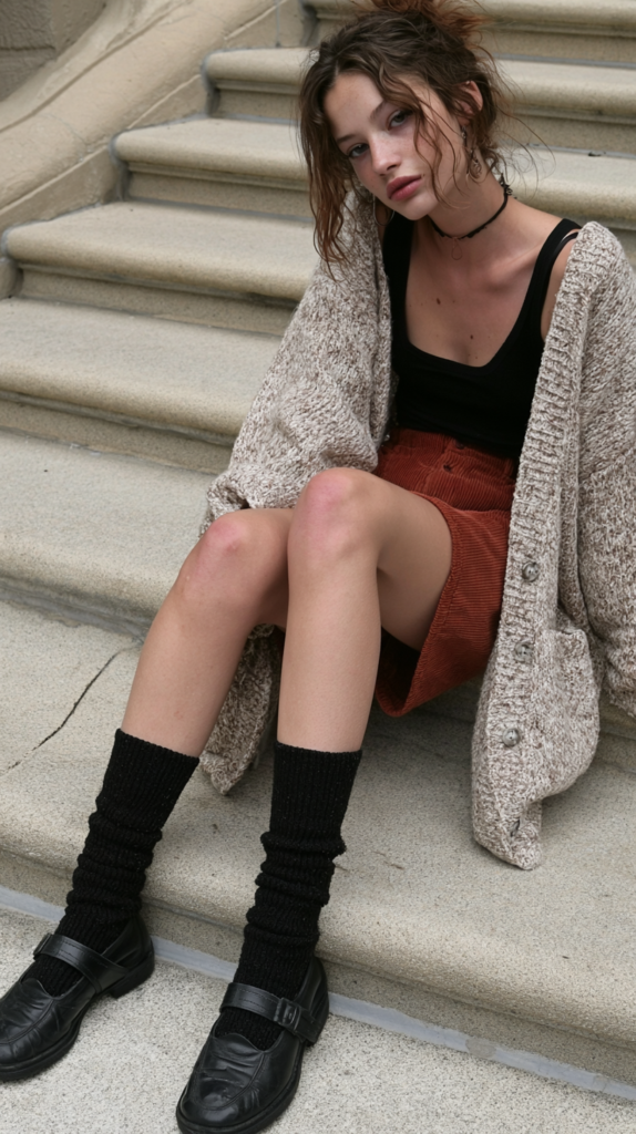 how-to-thrift-grunge-like-1994-cardigan Street style fall outfit: woman on steps in chunky cardigan, black tank, rust corduroy skirt, slouch socks and loafers.