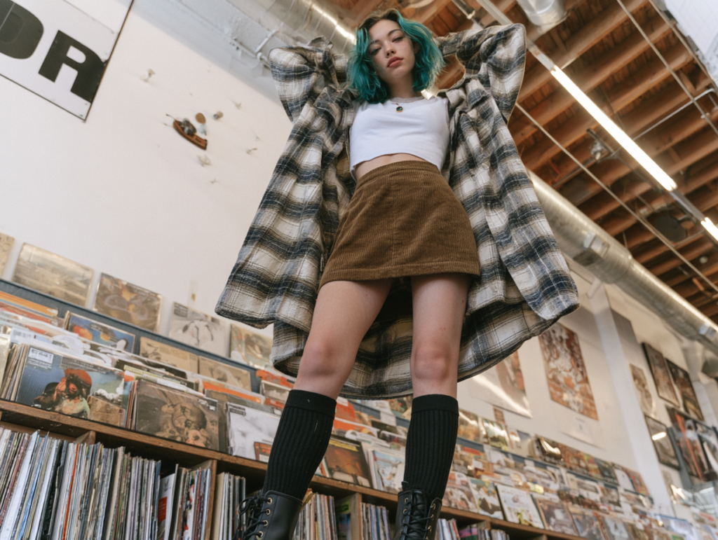 Low-angle view of trendy shopper with teal hair in a vinyl record store, wearing plaid coat, corduroy skirt, boots.