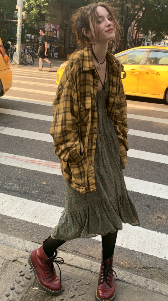 how-to-thrift-grunge-like-1994-flannel NYC street style: woman in floral dress, oversized plaid flannel, red Doc Martens boots by a yellow taxi.