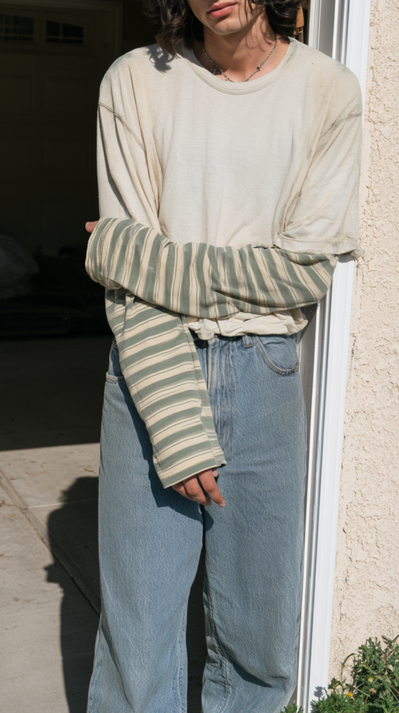 how-to-thrift-grunge-like-1994-stripedshirtpng Layered streetwear outfit: beige oversized tee over green striped long-sleeve, baggy light-wash jeans, casual doorway pose.