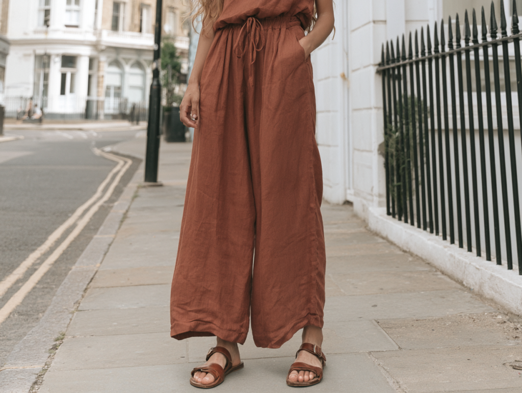 Woman in rust linen wide-leg trousers with drawstring waist and brown sandals on a city sidewalk, summer street style