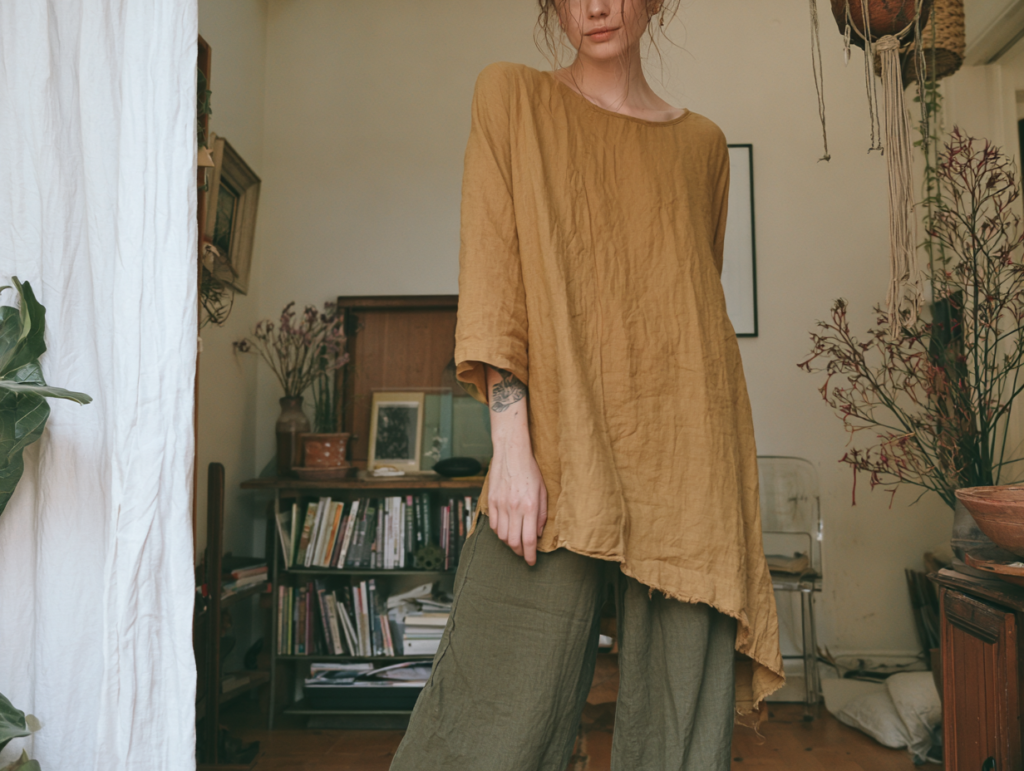 Person wearing mustard linen tunic and olive wide-leg pants in cozy boho home with plants and bookshelf, sustainable style