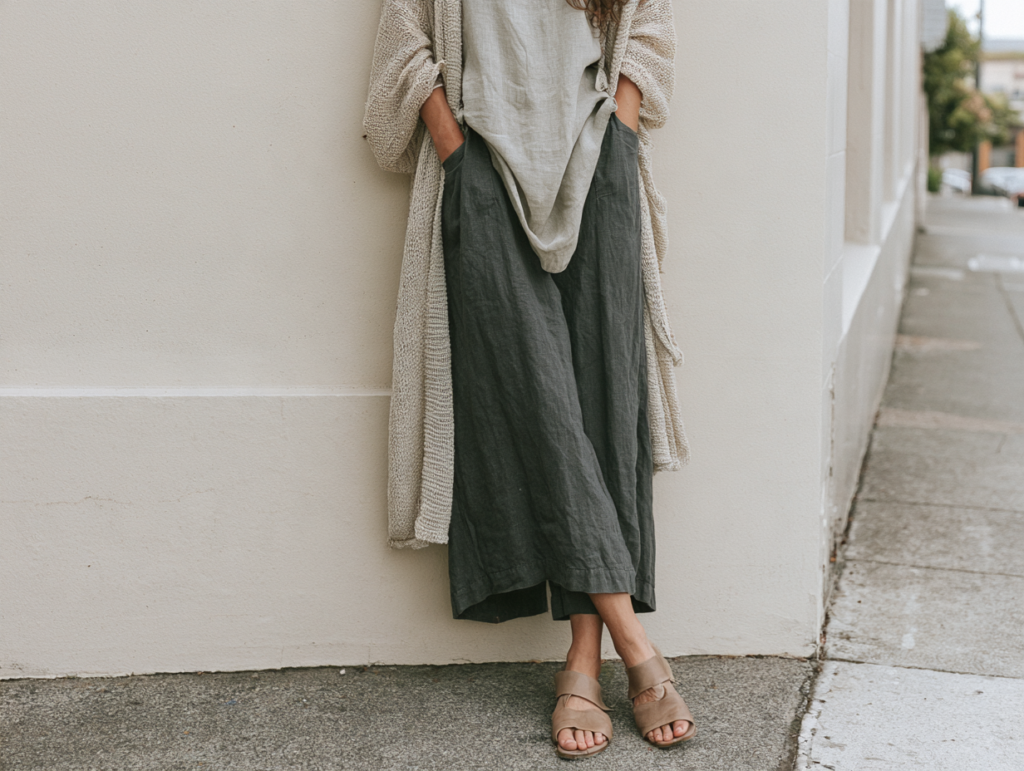 Neutral linen layers with charcoal wide-leg pants and tan sandals, minimalist street style outfit leaning on wall.