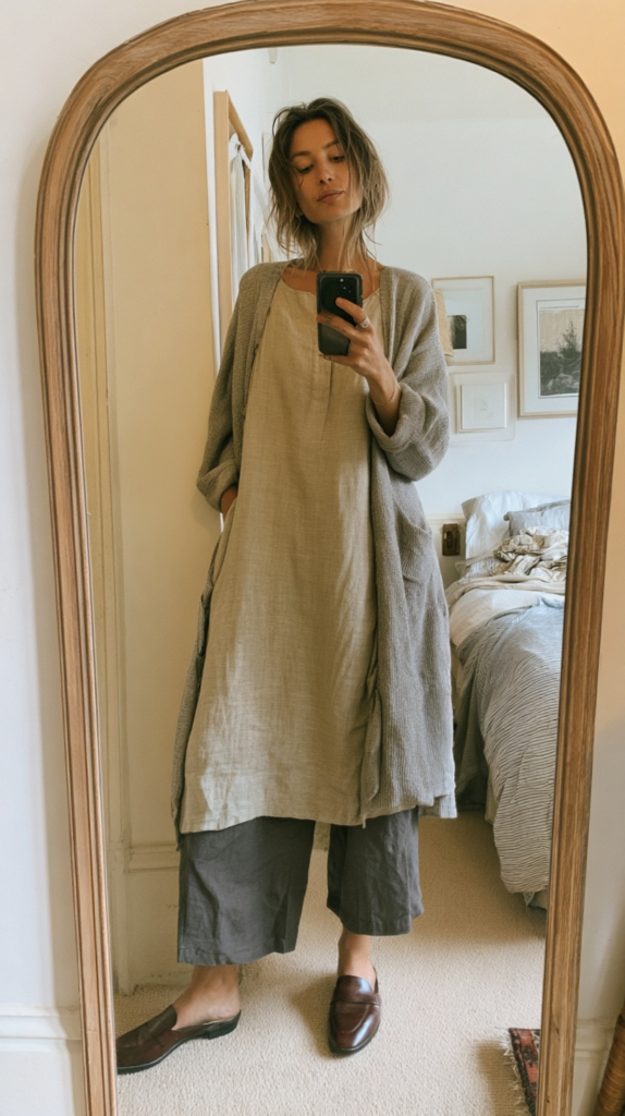 Mirror selfie of minimalist neutral outfit: linen tunic, gray cardigan, wide-leg pants and loafers in cozy bedroom.