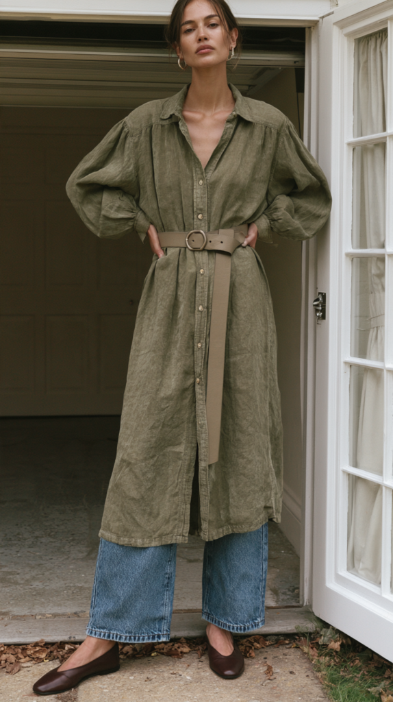 Model in olive belted shirt dress over wide‑leg jeans with brown flats, standing in doorway; chic fall layered outfit.
