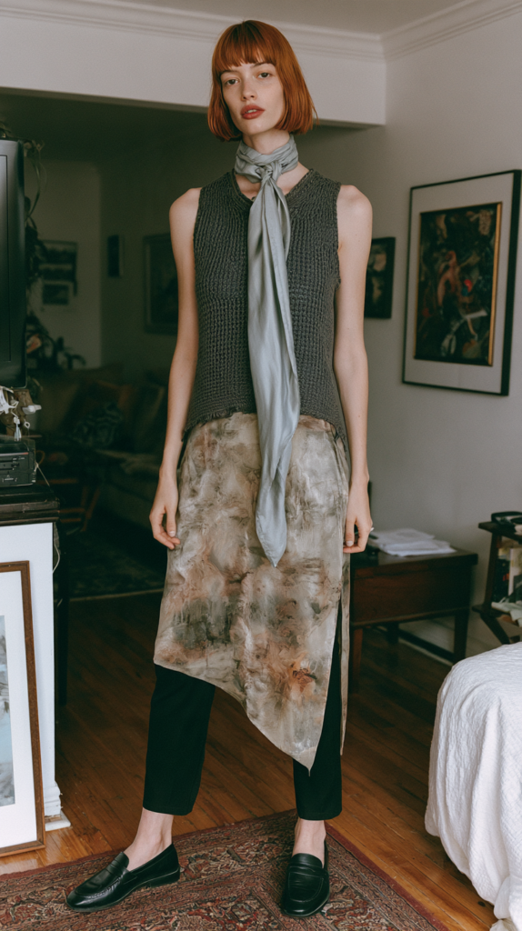 Layered women's fashion: sleeveless knit top, silk scarf, painterly asymmetrical tunic over black pants with loafers.