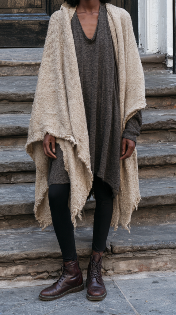 Street style: person in beige poncho over charcoal tunic, black leggings, and brown leather boots on stone steps.