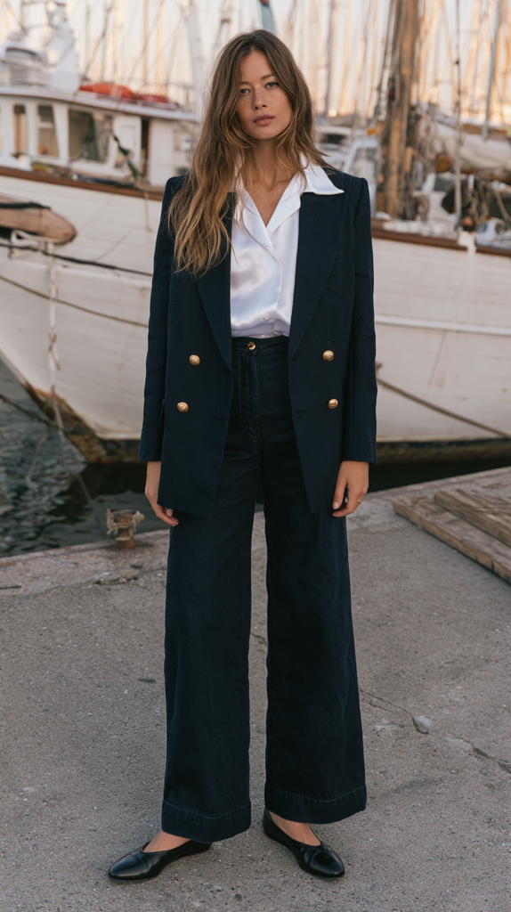Woman in navy gold-button blazer and wide-leg trousers by marina, white satin shirt, chic nautical street style outfit