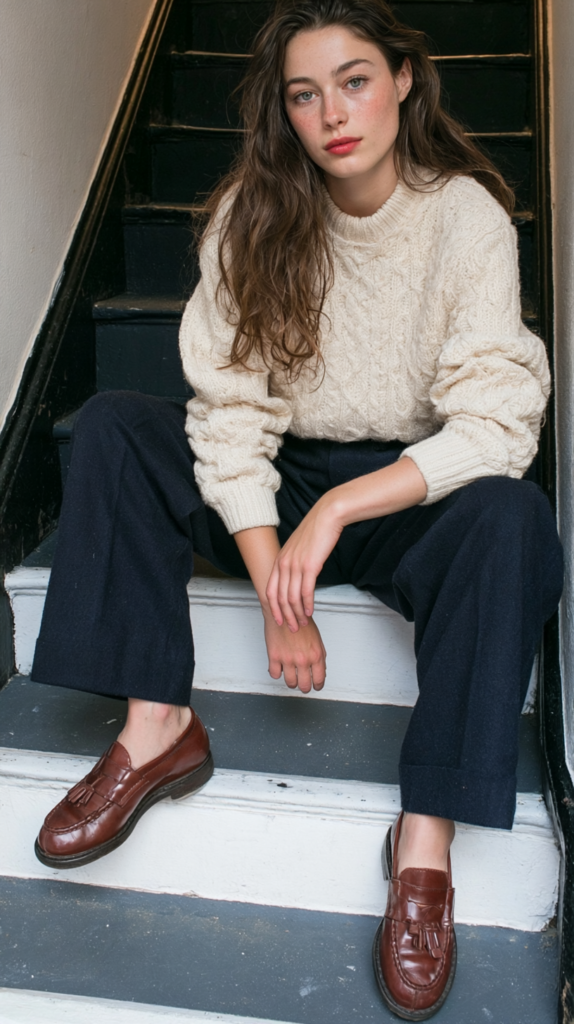Cozy fall fashion: woman in cream cable-knit sweater, navy pants and brown loafers sitting on stairs