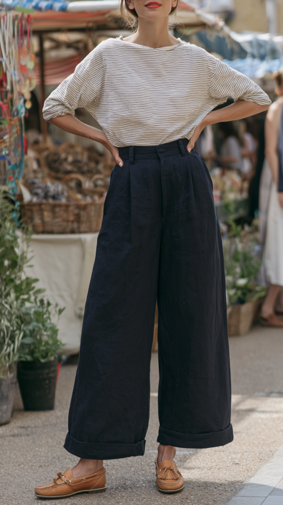 Street style woman in striped boatneck top, navy linen wide-leg trousers and tan loafers at outdoor market