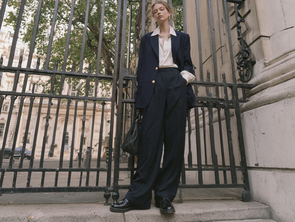 Street style: person in oversized navy suit, white blouse, wide-leg trousers, by iron gate; black loafers, leather tote.