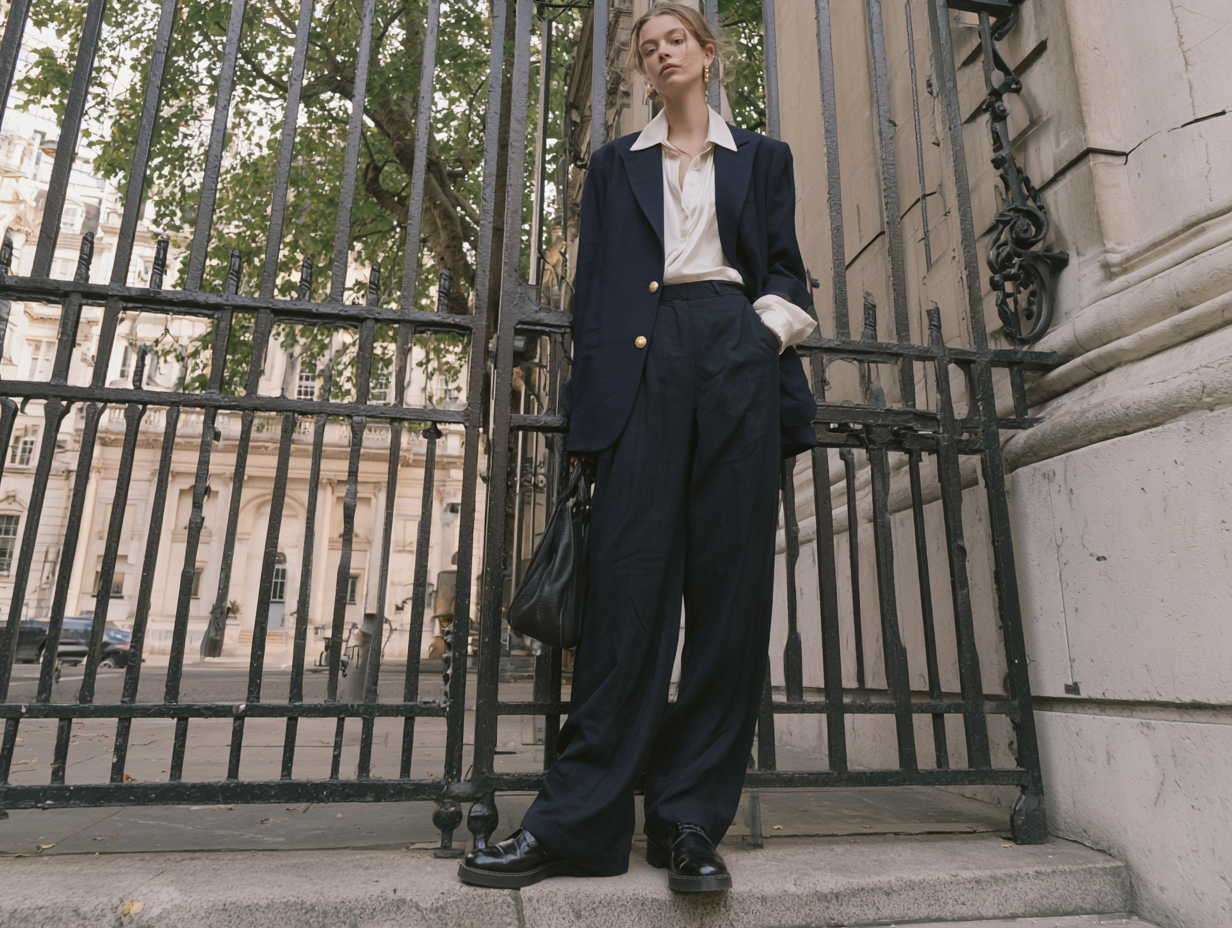 Street style: person in oversized navy suit, white blouse, wide-leg trousers, by iron gate; black loafers, leather tote.