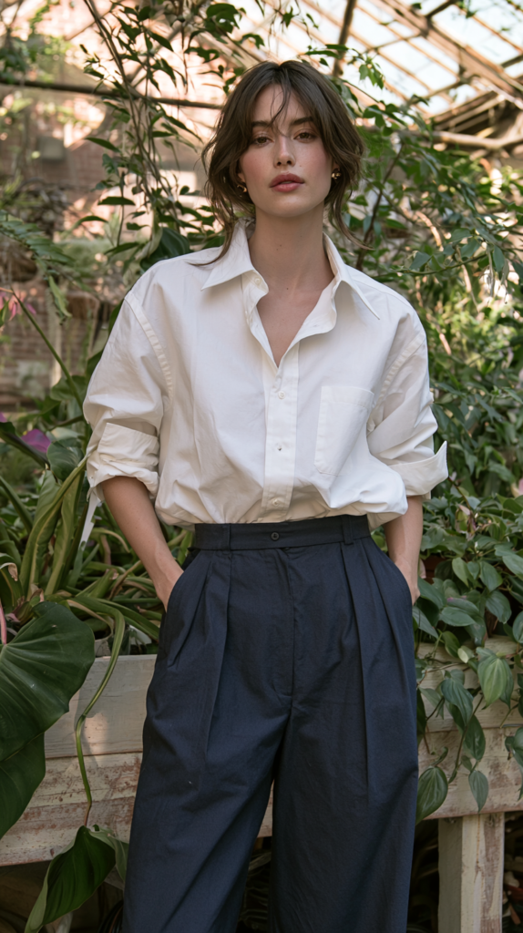 Woman in white button-down shirt and navy high-waisted wide-leg trousers posing in a greenhouse.