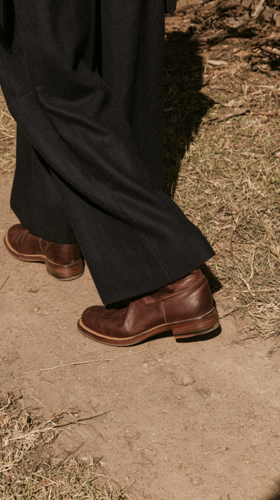 Close-up of brown leather ankle boots under black wide-leg pants walking on a dirt trail outdoors