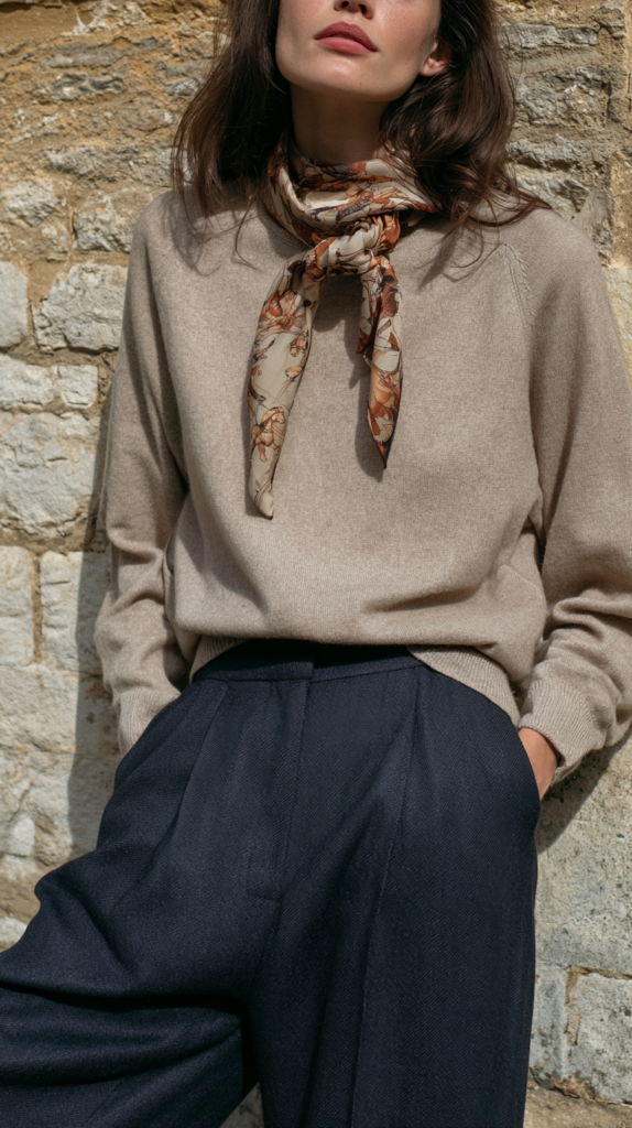 Model in beige knit sweater with floral silk scarf and navy wide-leg trousers against rustic stone wall.