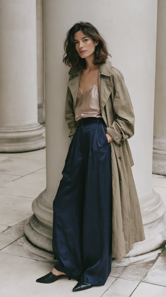 Woman in trench coat, satin camisole and wide-leg navy pants with black mules, leaning on column; chic street fashion.