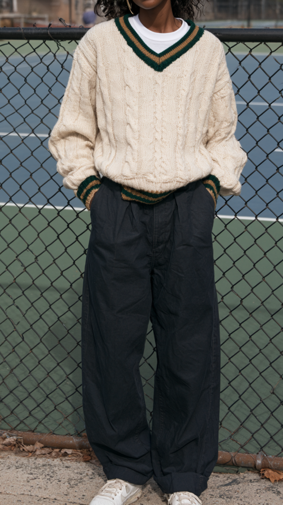 Street style: cable-knit cricket sweater with green trim, wide-leg black pants, white sneakers by a tennis court fence.