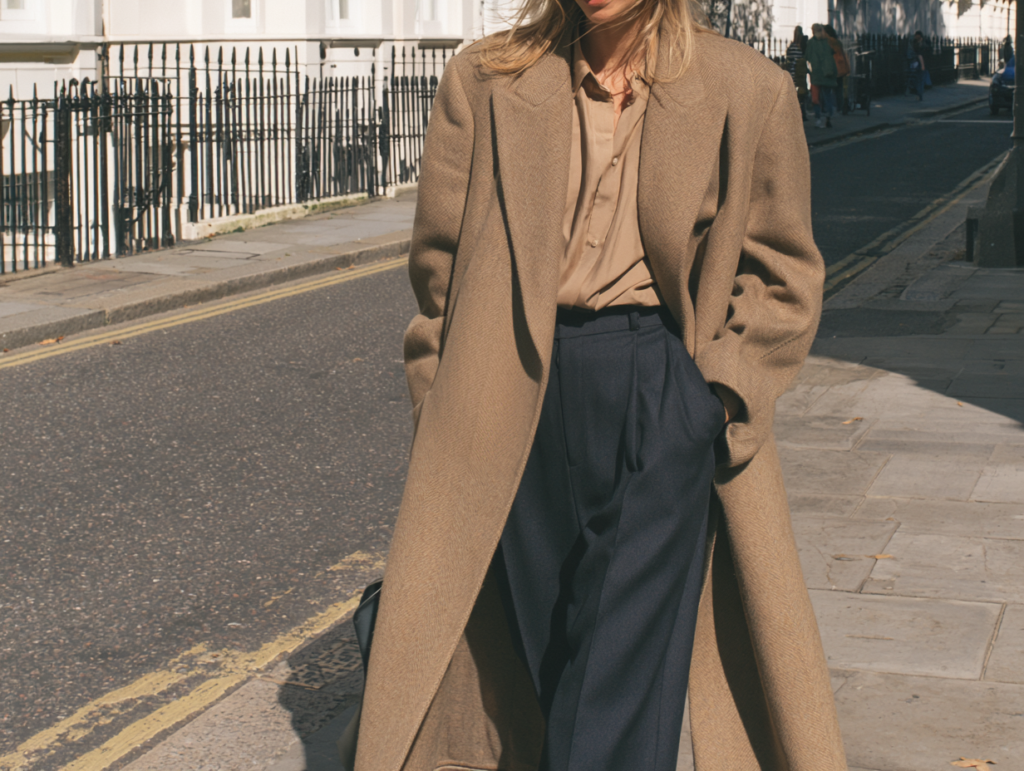 Fall street style: camel wool coat over beige blouse with navy high-waist trousers on city sidewalk.