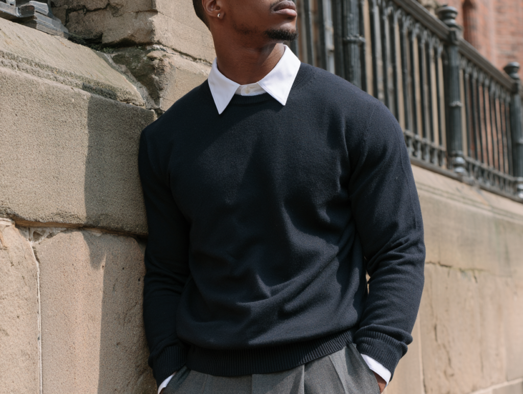 Stylish man in navy sweater over white collared shirt, gray trousers, leaning on stone wall by urban iron fence.