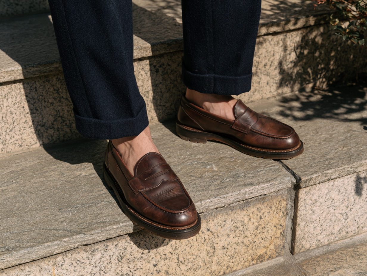 Men's brown leather penny loafers with navy trousers on stone steps, classic slip-on dress shoes