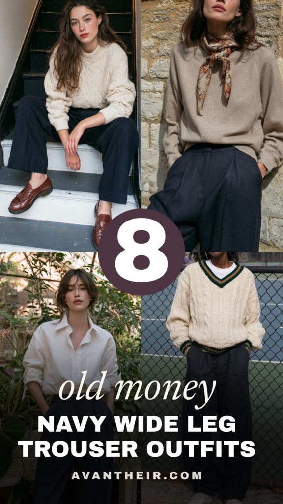 Old money style: 8 navy wide-leg trouser outfits for women—sweaters, loafers, scarf, button-downs | Avantheir