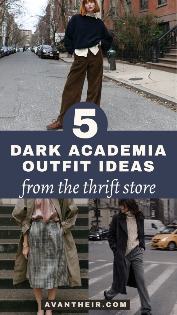 5 dark academia outfit ideas from the thrift store: vintage layers, corduroy, trench coats, cozy knits