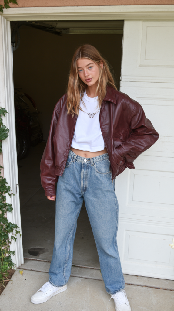 Woman in oversized brown leather jacket, white crop top, high-waisted jeans and sneakers, casual fashion look.