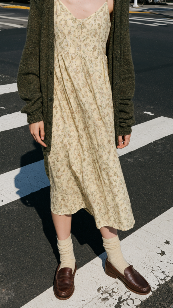 Street style outfit: floral midi sundress with olive cardigan, cream socks and brown loafers on a sunny city crosswalk.