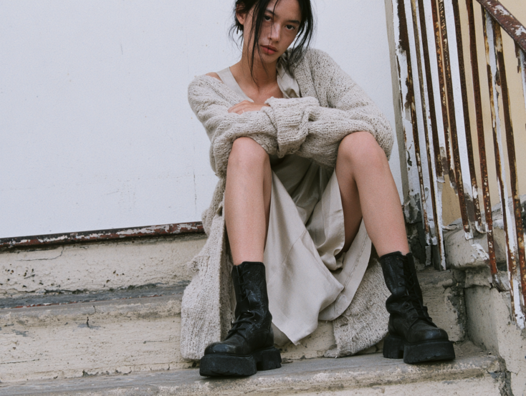 Woman in chunky black combat boots and oversized knit cardigan sitting on worn concrete steps, minimalist grunge fashion.