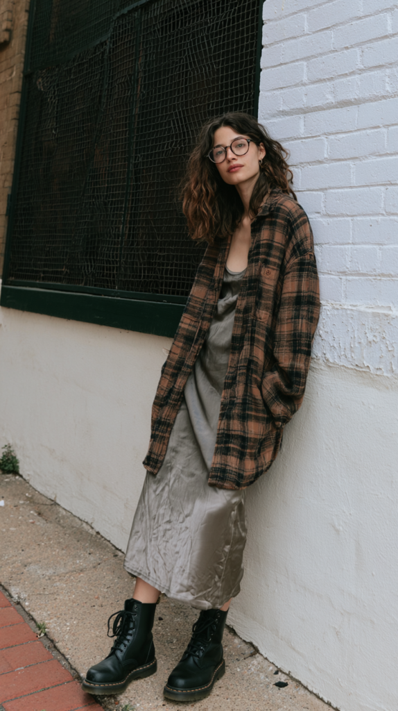 Woman in plaid flannel over satin slip dress and combat boots leaning on brick wall, urban fall street style.