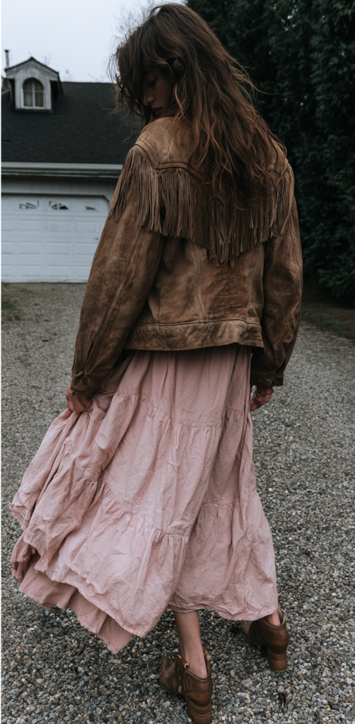 Boho fall outfit: fringe suede jacket, pink tiered maxi dress and brown western boots on a gravel driveway.