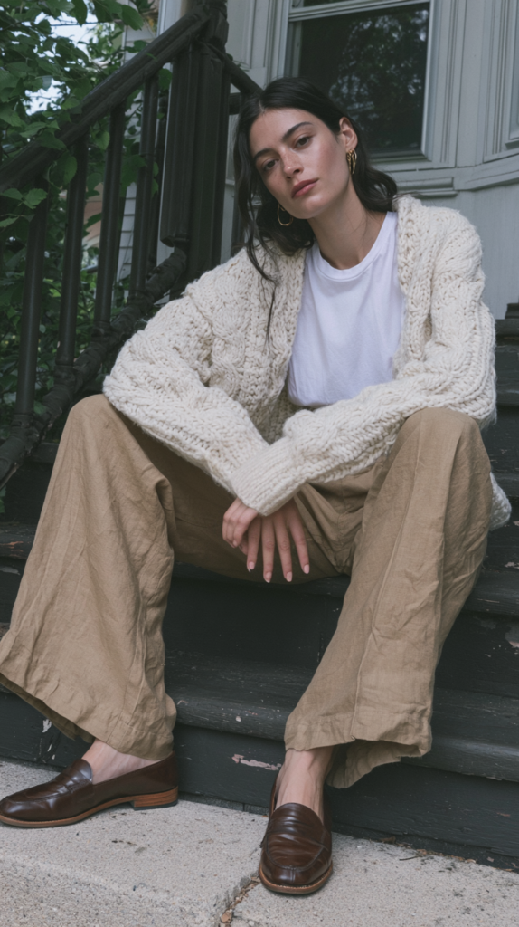 Woman in chunky cream cardigan, white tee and wide-leg tan pants with brown loafers sitting on porch steps, fall street style