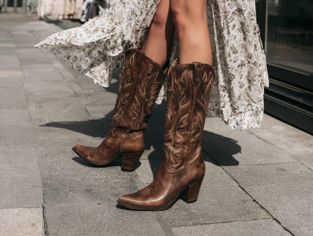 Brown leather cowboy boots with floral midi dress on city sidewalk, western street style fashion