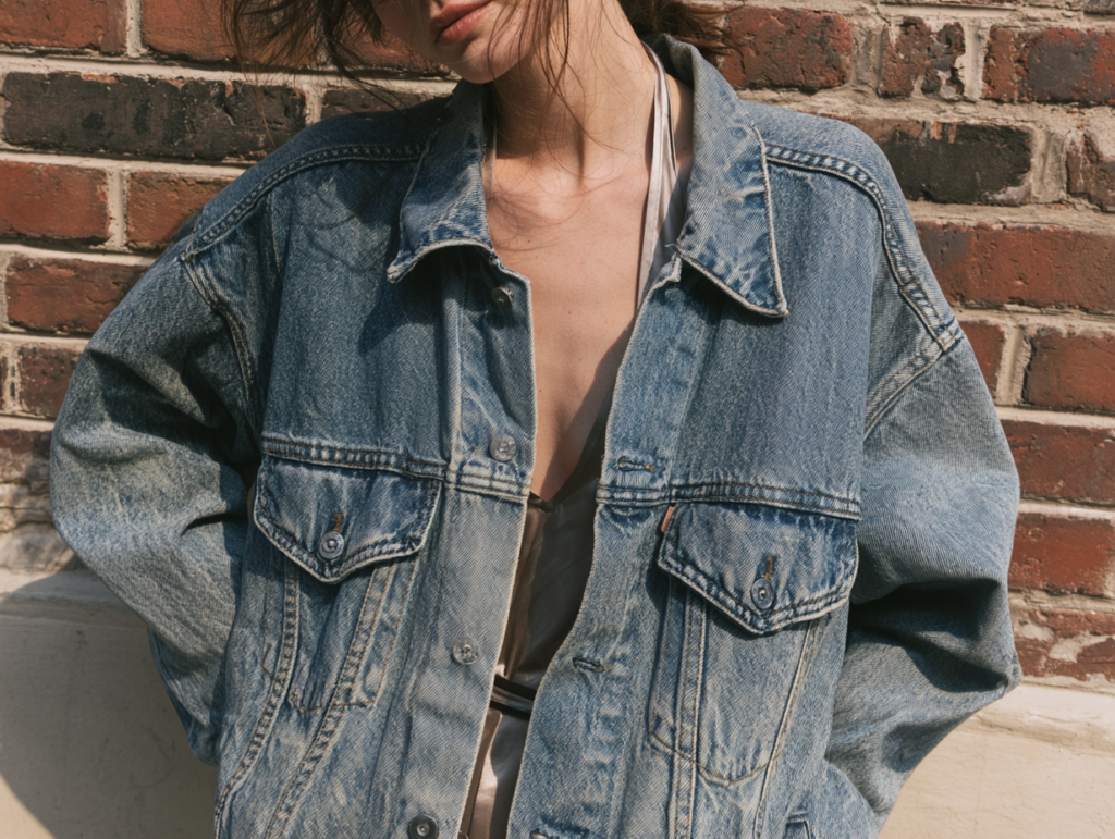 Model wearing oversized denim jacket against brick wall, casual street style close-up