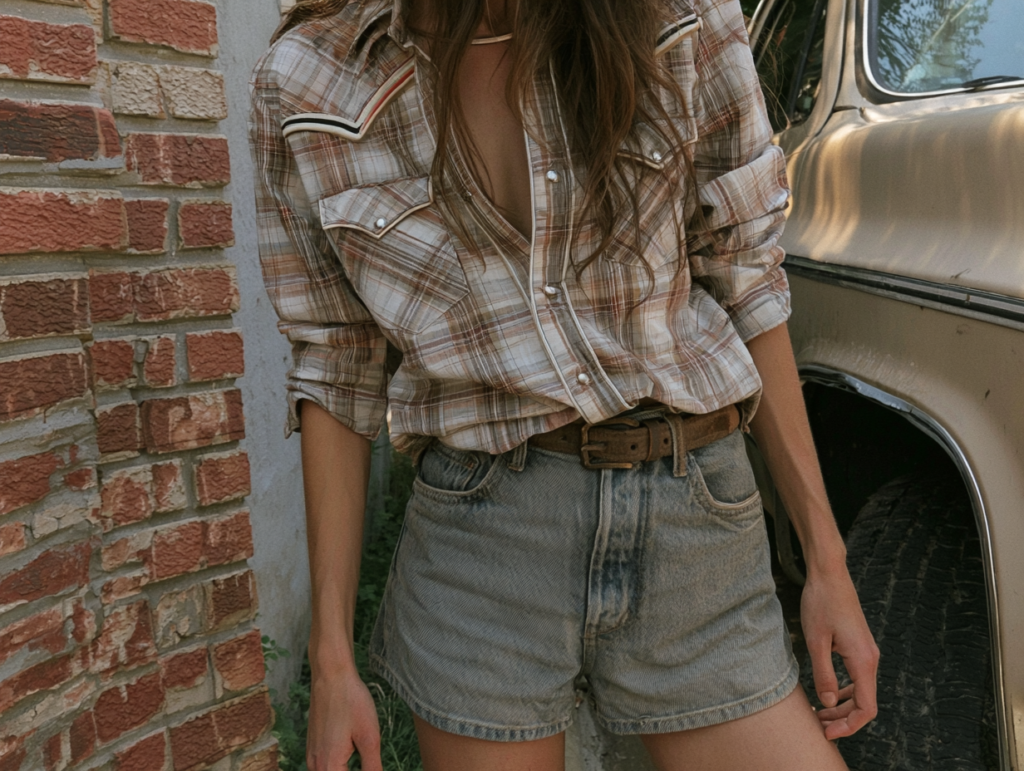 Woman in plaid western shirt and high-waisted denim shorts by vintage truck and brick wall, western summer outfit