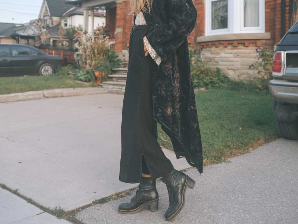 Street style: person in long black velvet coat, wide-leg pants and chunky platform boots on a residential street
